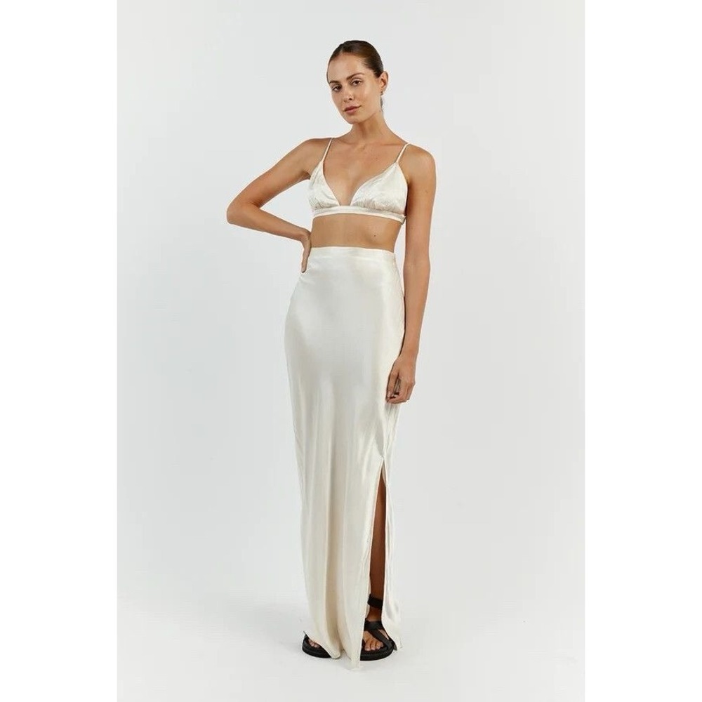 Dissh Simone Pearl Cream Satin Maxi Skirt W/ Slit US Sz 4 Clean Girl Bridal